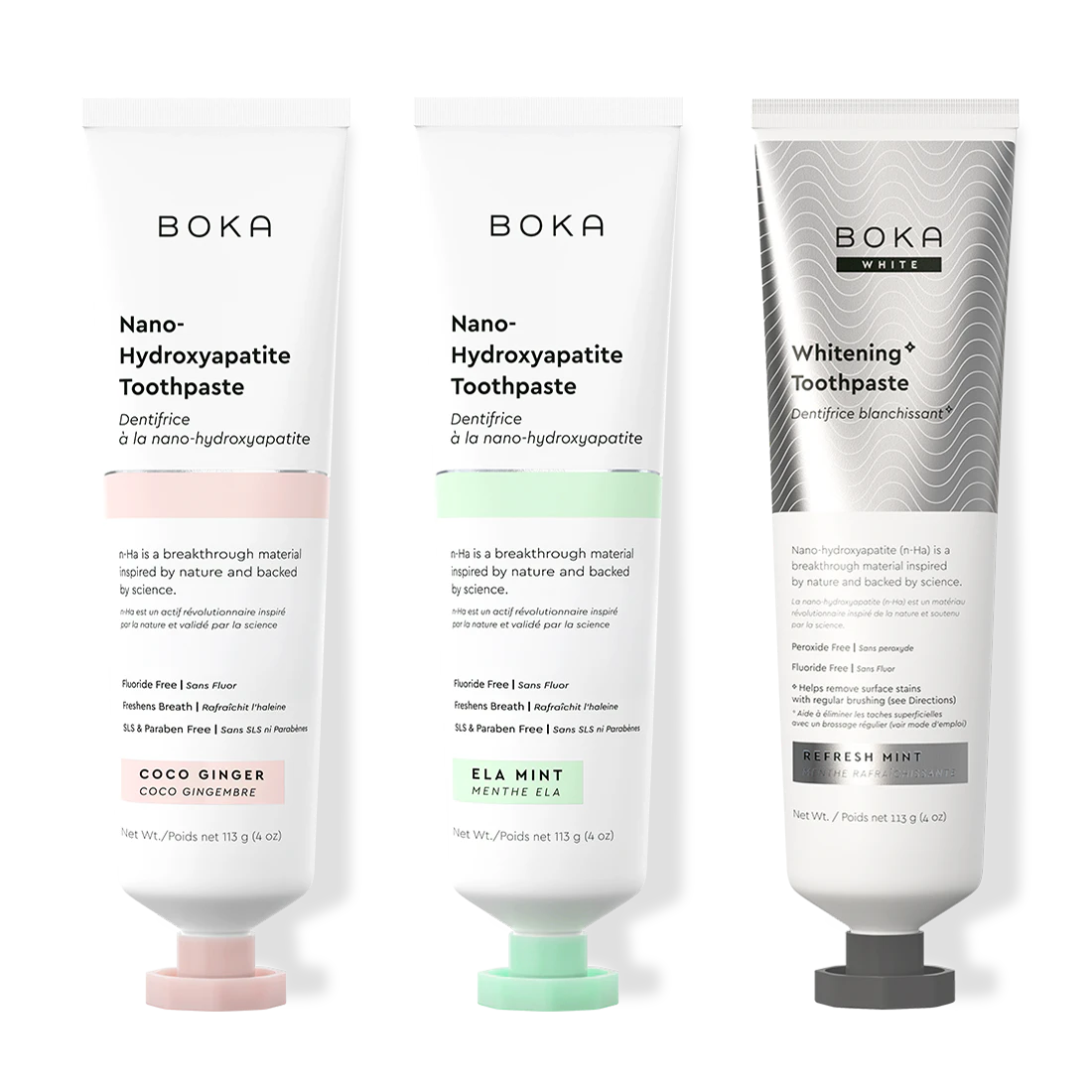 Three bottles of Boka Nano-Hydroxyapatite Toothpaste on a white background