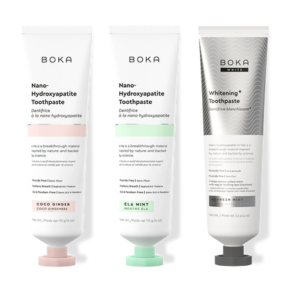 Three bottles of Boka Nano-Hydroxyapatite Toothpaste on a white background