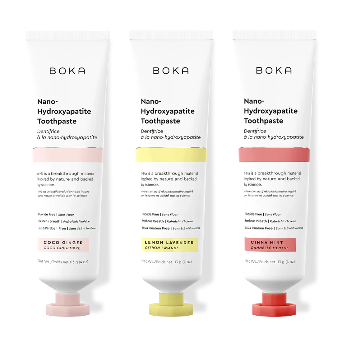 Three tubes of Boka Nano-Hydroxyapatite Toothpaste with different flavors on a white background.