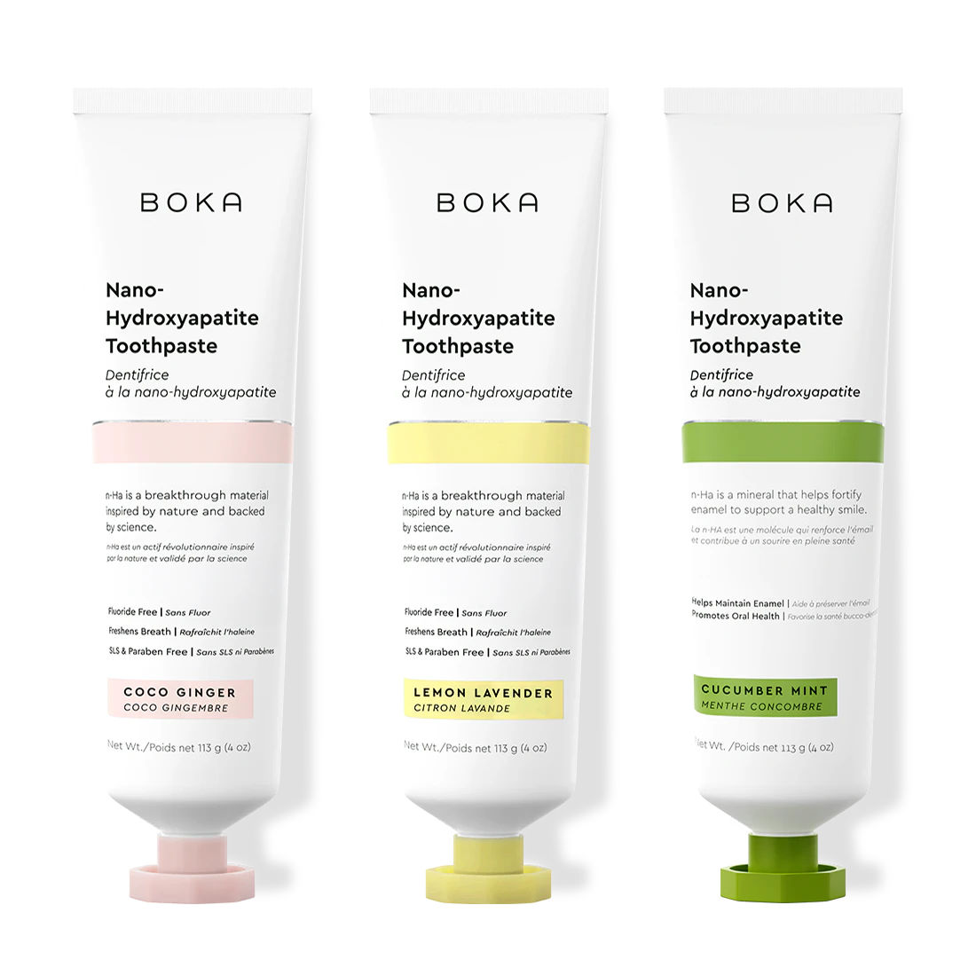 Three bottles of Boka Nano-Hydroxyapatite Toothpaste on a white background