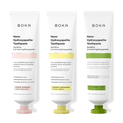 Three bottles of Boka Nano-Hydroxyapatite Toothpaste on a white background