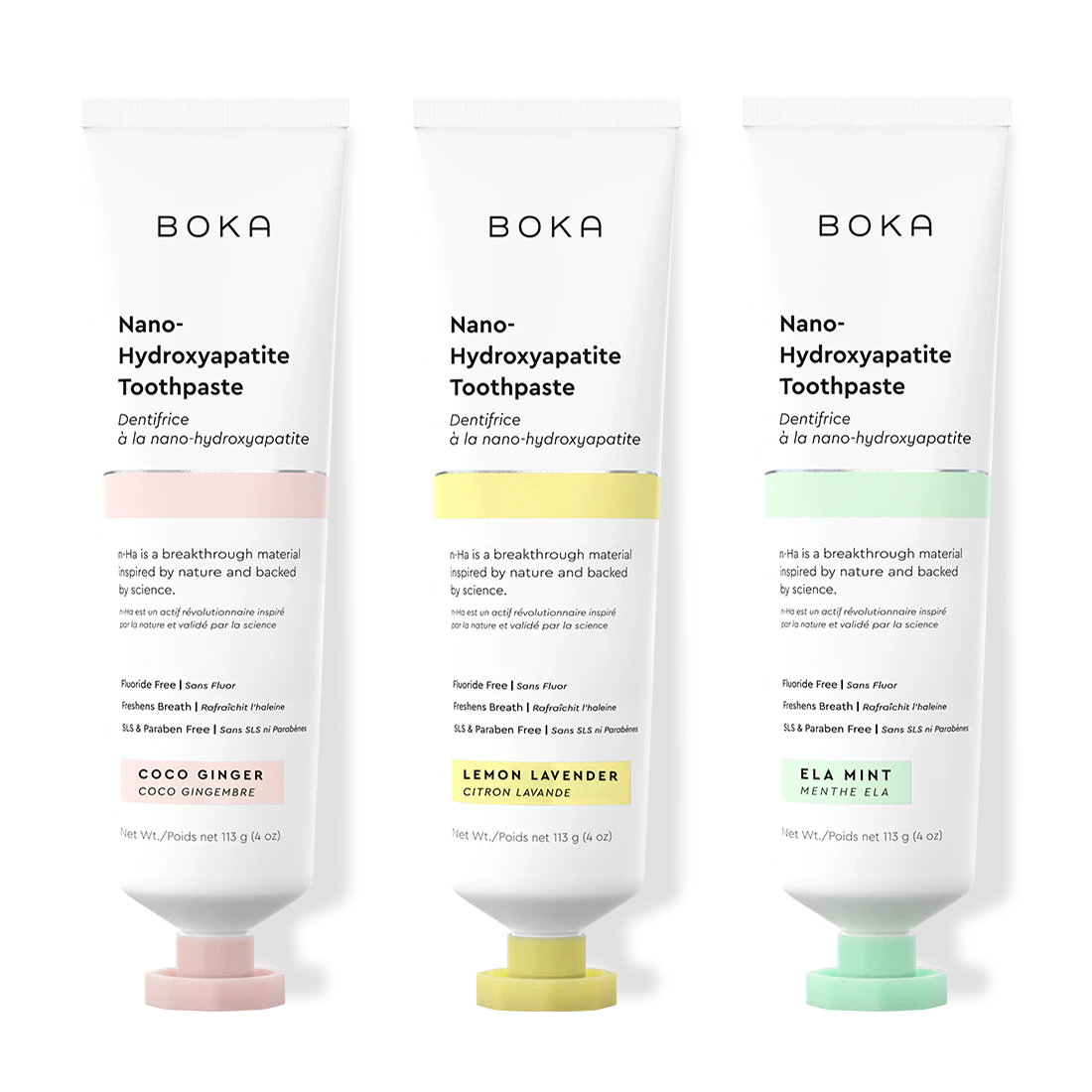 Three tubes of Boka Nano-Hydroxyapatite Toothpaste on a white background