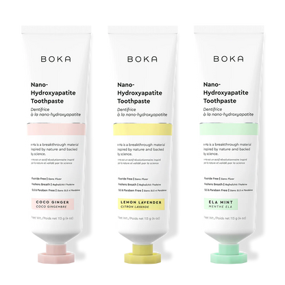 Three tubes of Boka Nano-Hydroxyapatite Toothpaste on a white background