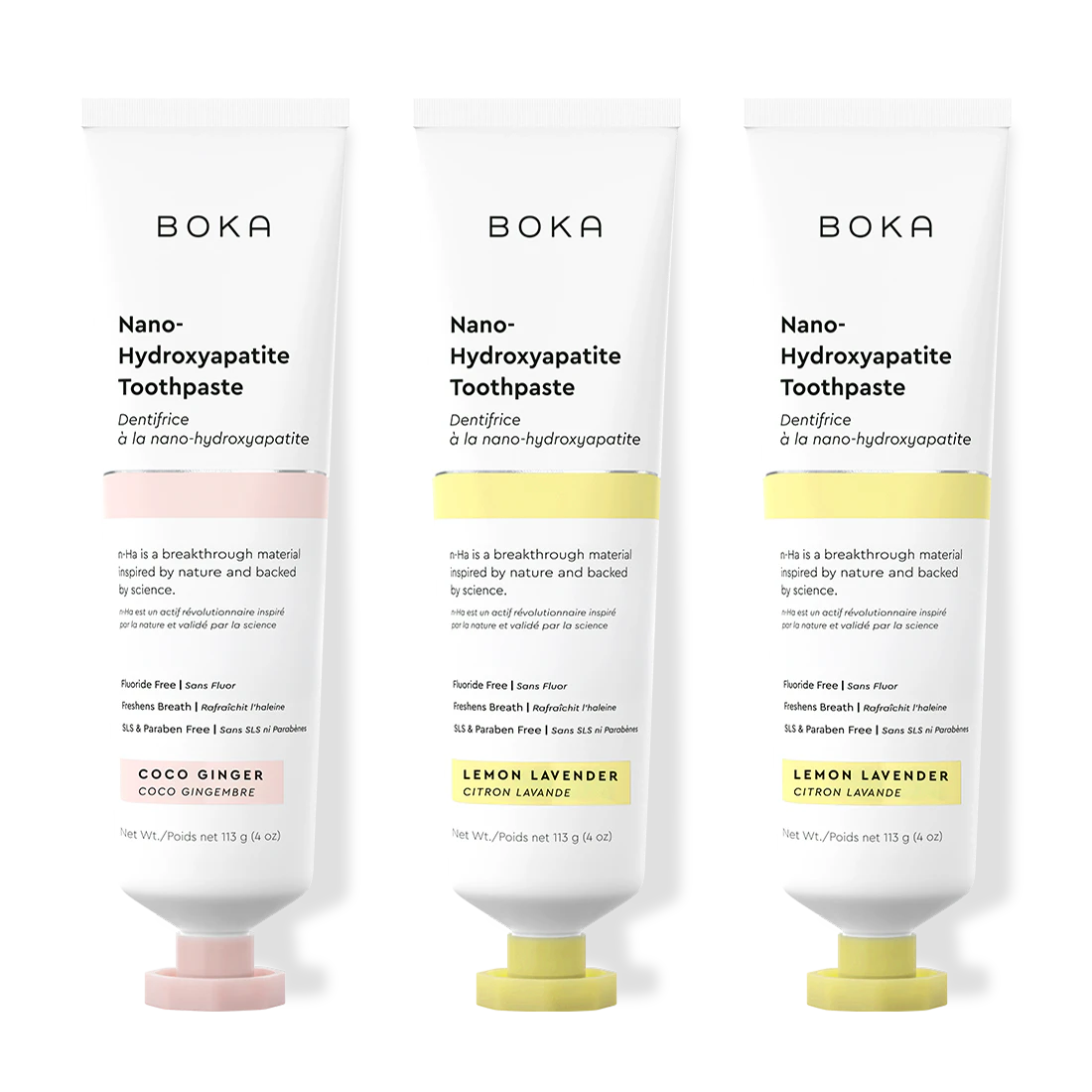 Three bottles of Boka Nano-Hydroxyapatite Toothpaste on a white background