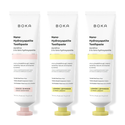Three bottles of Boka Nano-Hydroxyapatite Toothpaste on a white background