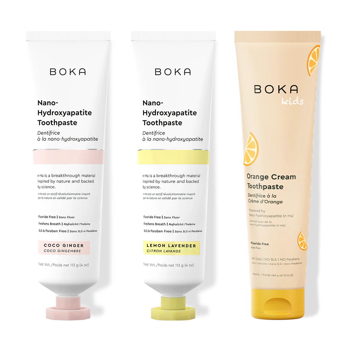 Three Boka toothpaste products on a white background
