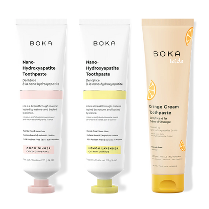 Three Boka toothpaste products on a white background