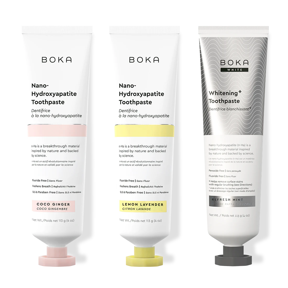 Three bottles of Boka Nano-Hydroxyapatite Toothpaste on a white background