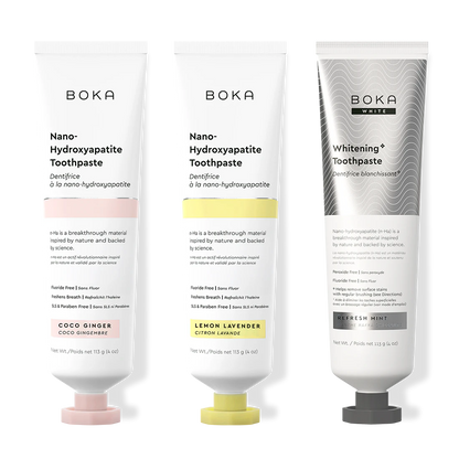 Three bottles of Boka Nano-Hydroxyapatite Toothpaste on a white background