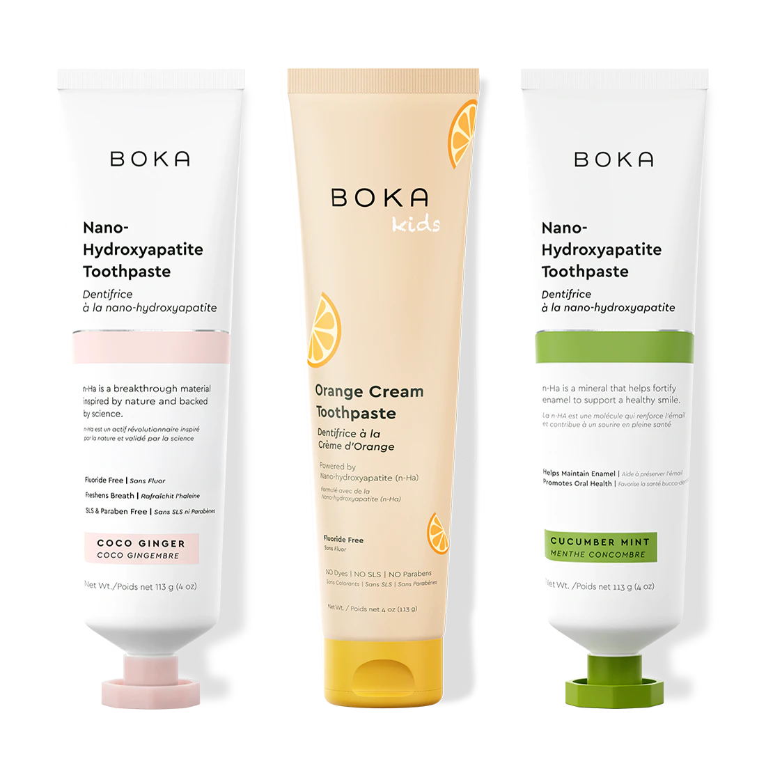 Three bottles of Boka Nano-Hydroxyapatite Toothpaste on a white background