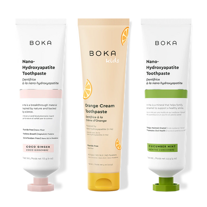 Three bottles of Boka Nano-Hydroxyapatite Toothpaste on a white background