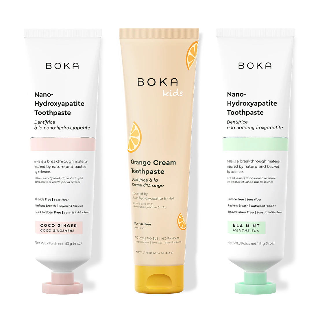 Three tubes of Boka Nano-Hydroxyapatite Toothpaste on a white background