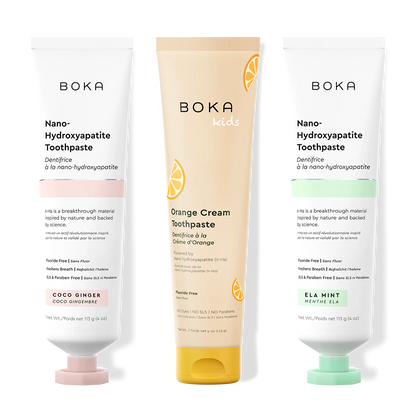 Three tubes of Boka Nano-Hydroxyapatite Toothpaste on a white background