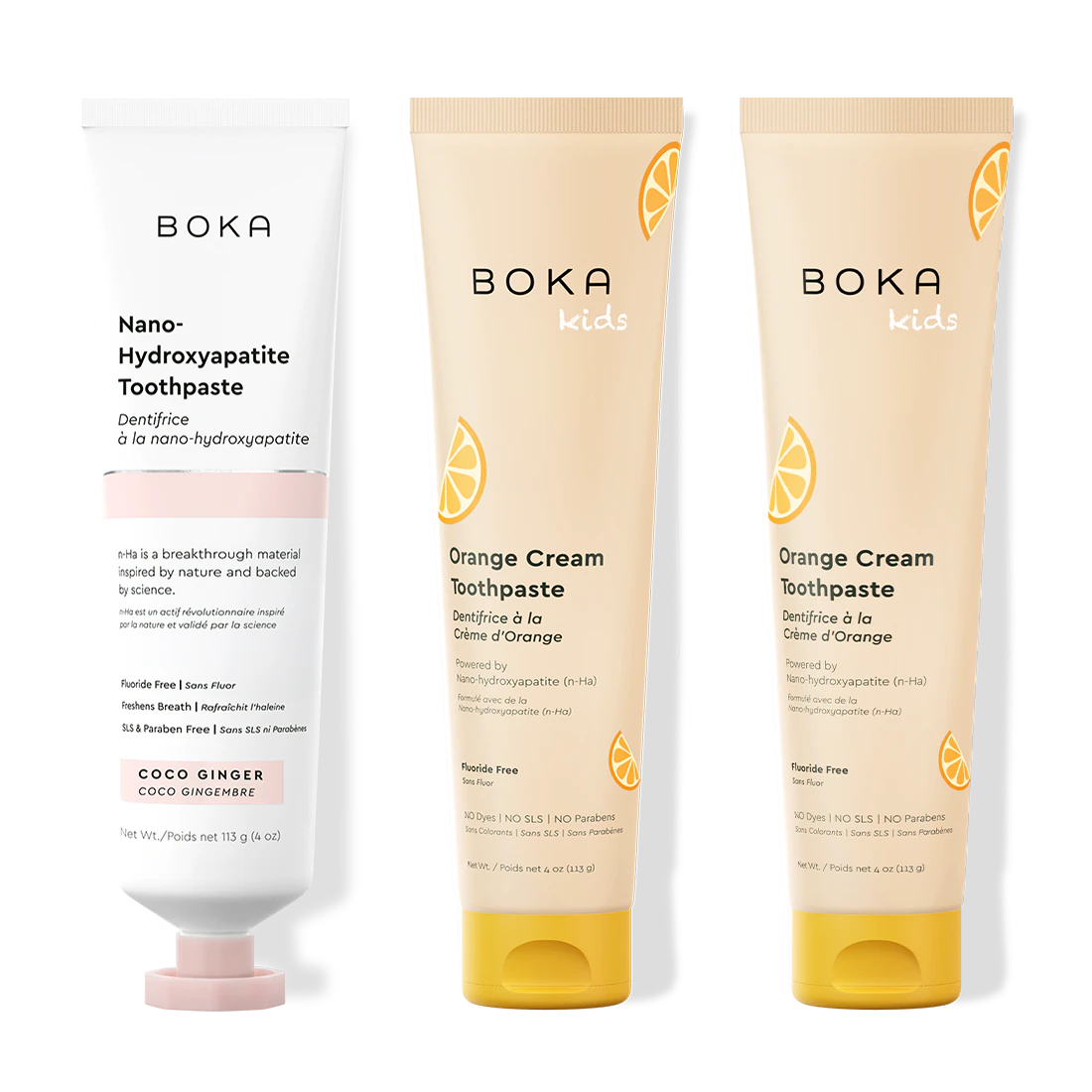 Three bottles of Boka Nano-Hydroxyapatite Toothpaste on a white background