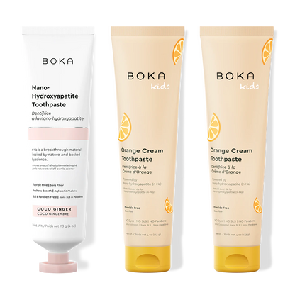 Three bottles of Boka Nano-Hydroxyapatite Toothpaste on a white background