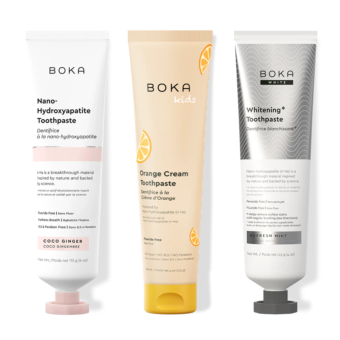 Three bottles of Boka Nano-Hydroxyapatite Toothpaste on a white background