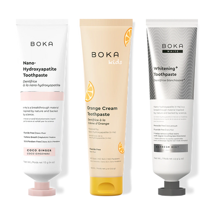 Three bottles of Boka Nano-Hydroxyapatite Toothpaste on a white background