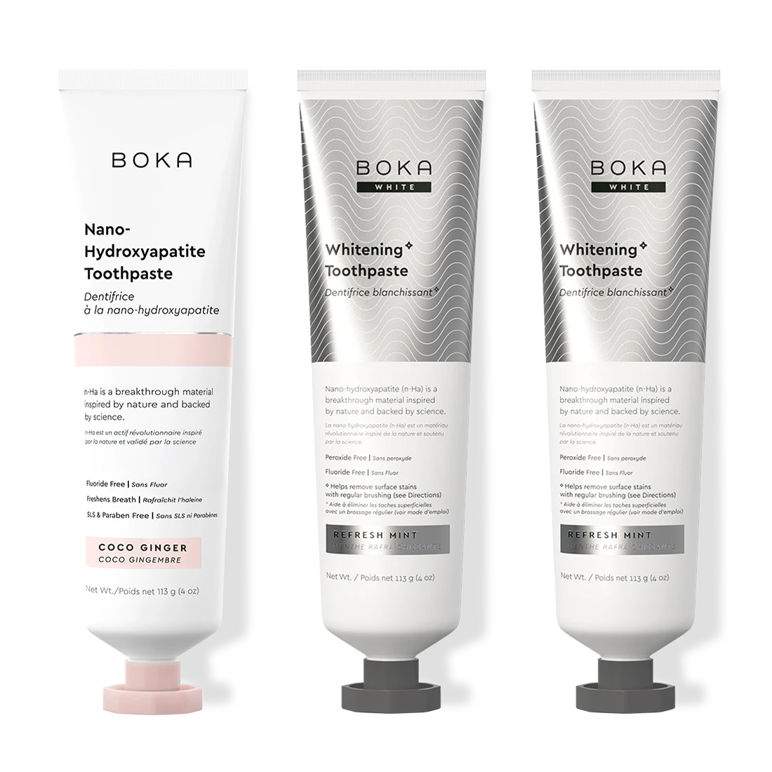 Three bottles of Boka Nano-Hydroxyapatite Toothpaste on a white background