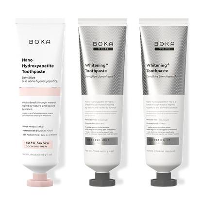 Three bottles of Boka Nano-Hydroxyapatite Toothpaste on a white background