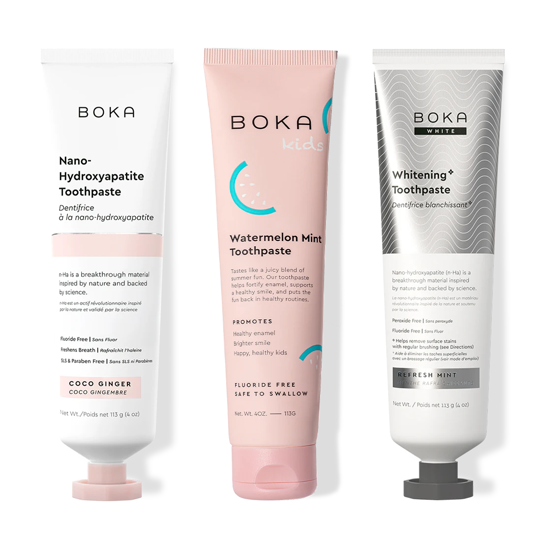 Three bottles of Boka Nano-Hydroxyapatite Toothpaste on a white background