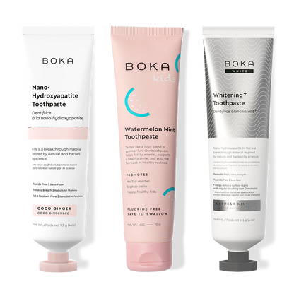 Three bottles of Boka Nano-Hydroxyapatite Toothpaste on a white background