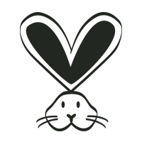 Black and white logo of a rabbit with a heart-shaped ear on a white background