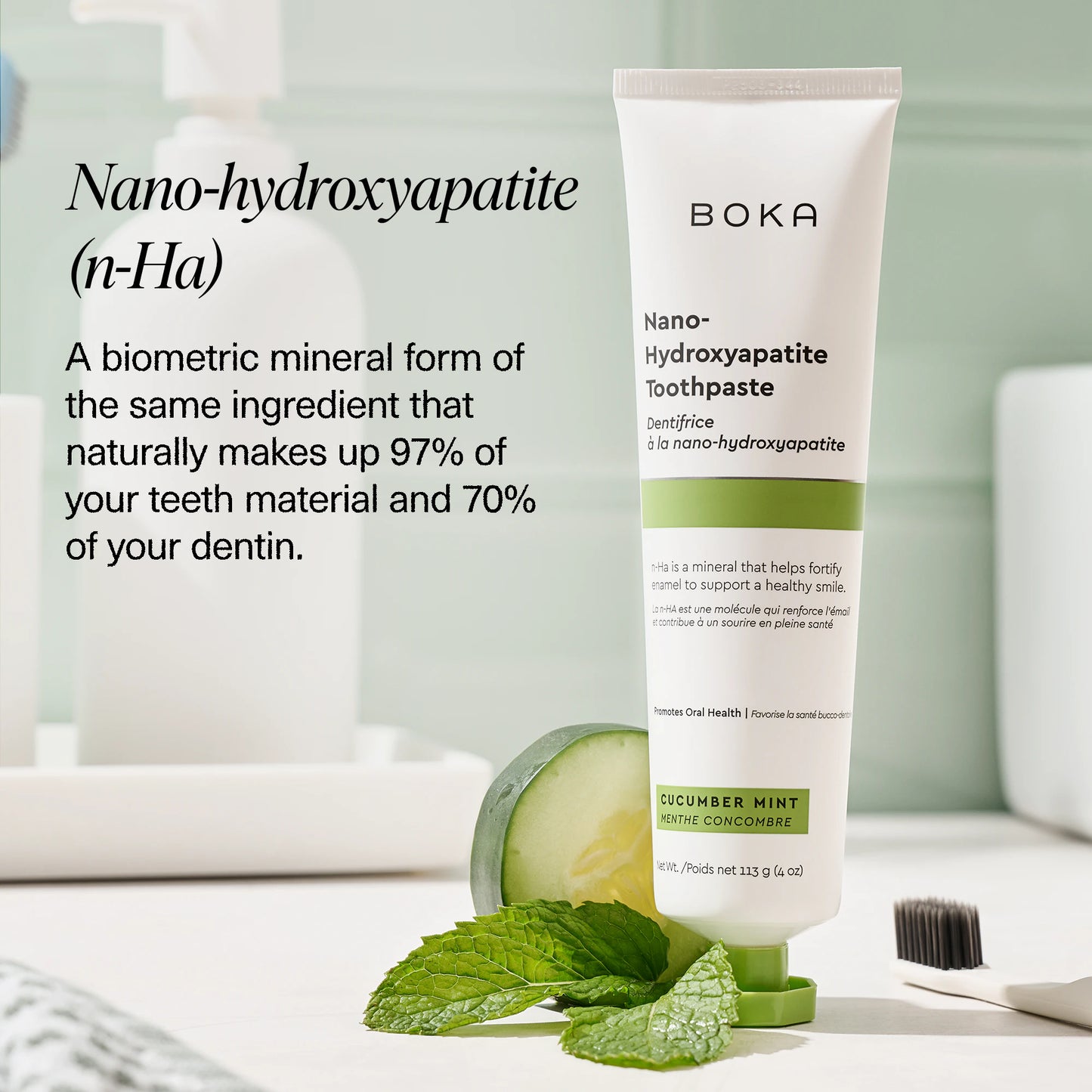 Boka Cucumber Mint toothpaste tube lying on N-Ha
