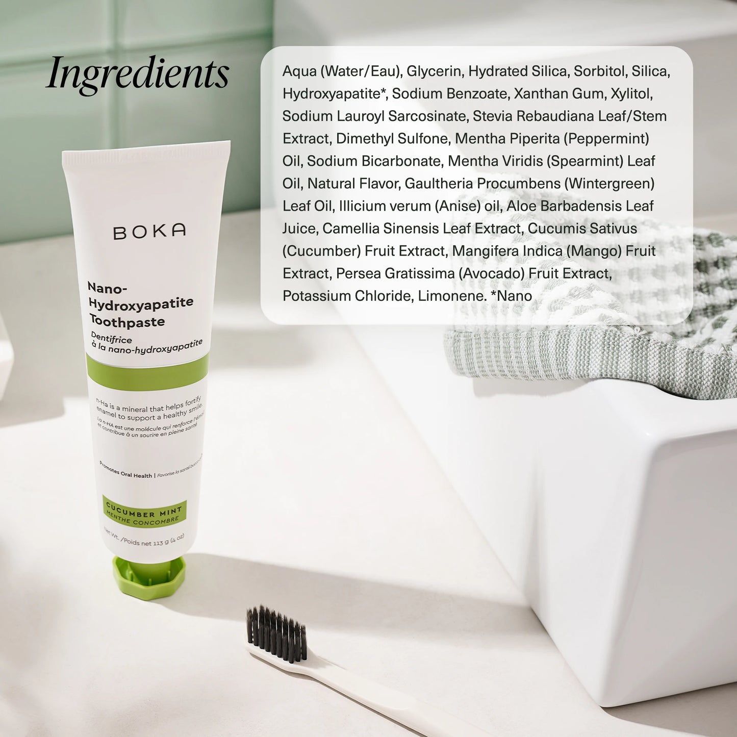 Boka toothpaste tube with ingredients list on a bathroom counter