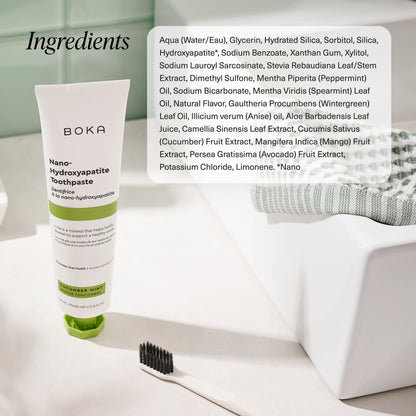 Boka toothpaste tube with ingredients list on a bathroom counter
