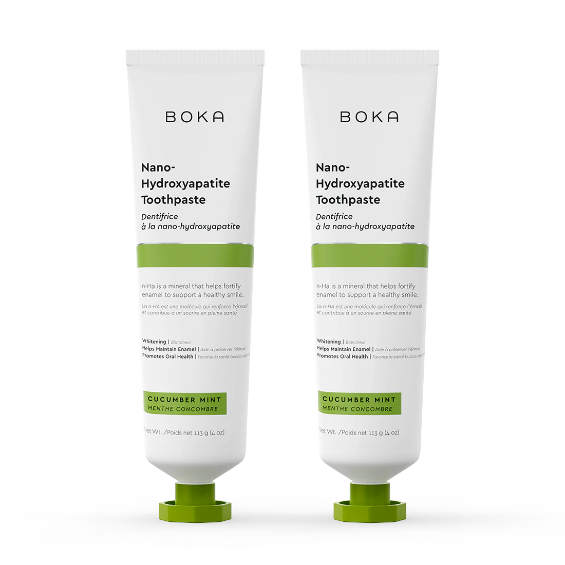 Two tubes of Cucumber Mint n-Ha Toothpaste, fluoride-free, standing upright.