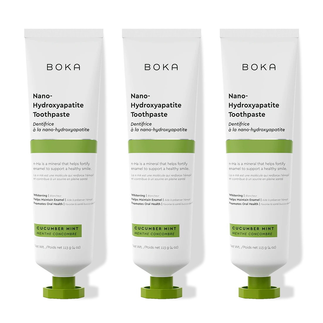 Three tubes of Boka Cucumber Mint n-Ha Toothpaste stand side by side.