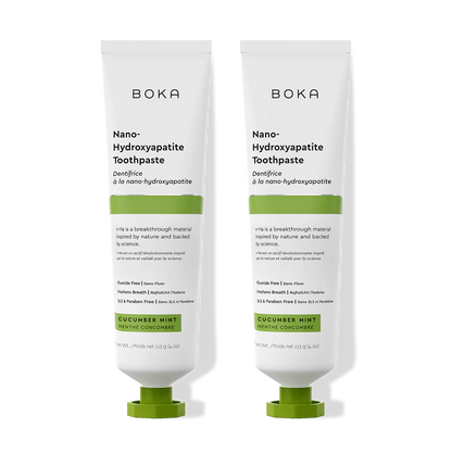 Two tubes of Boka Nano-Hydroxyapatite Toothpaste on a white background
