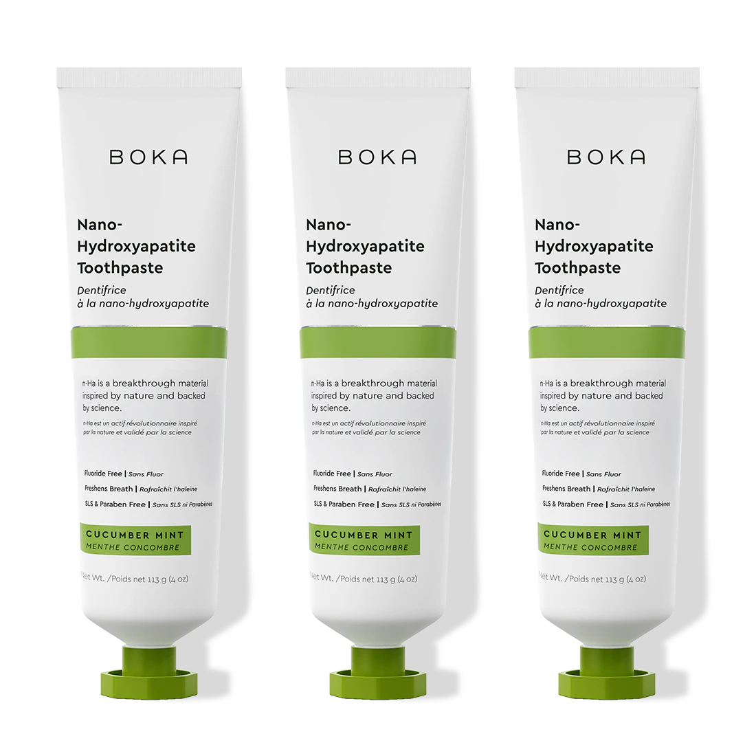 Three tubes of Boka Nano-Hydroxyapatite Toothpaste with cucumber mint flavor on a white background.