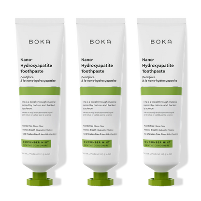 Three tubes of Boka Nano-Hydroxyapatite Toothpaste with cucumber mint flavor on a white background.