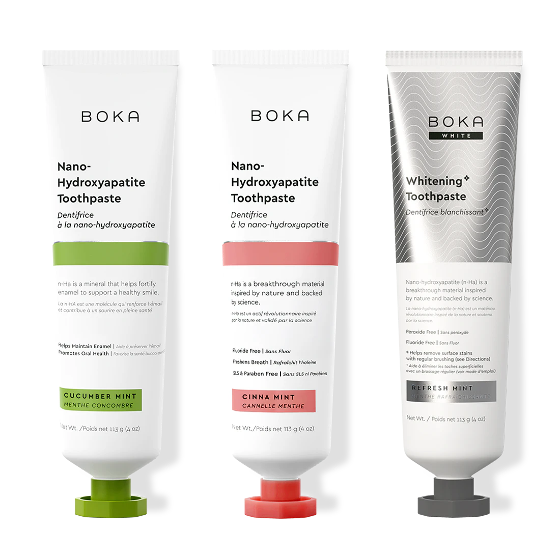 Three bottles of Boka Nano-Hydroxyapatite Toothpaste on a white background