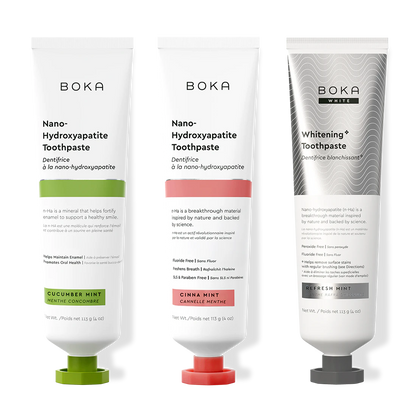 Three bottles of Boka Nano-Hydroxyapatite Toothpaste on a white background