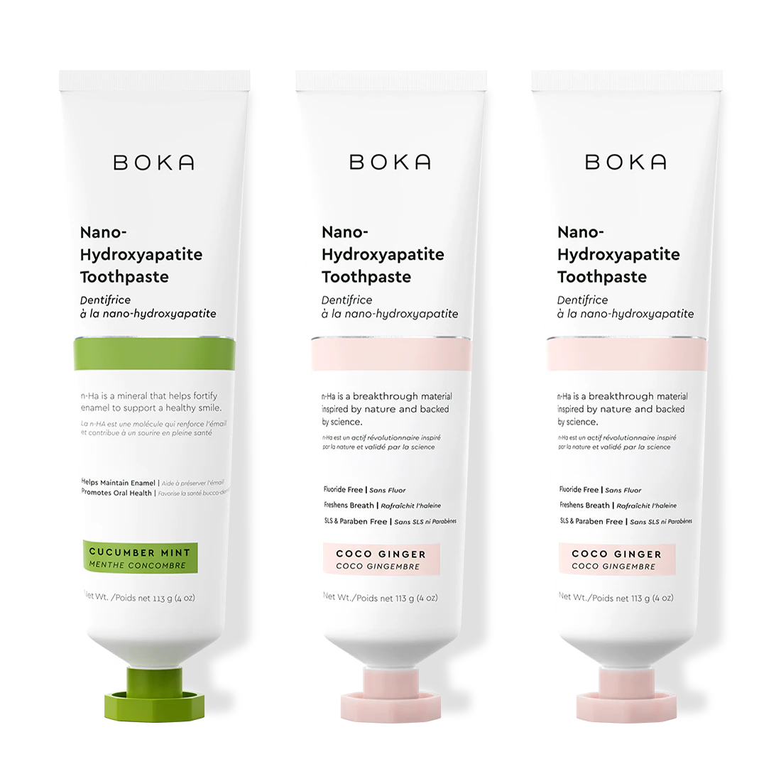 Three bottles of Boka Nano-Hydroxyapatite Toothpaste on a white background