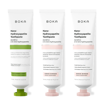 Three bottles of Boka Nano-Hydroxyapatite Toothpaste on a white background