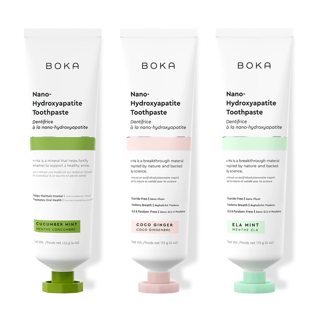 Three tubes of Boka Nano-Hydroxyapatite Toothpaste on a white background