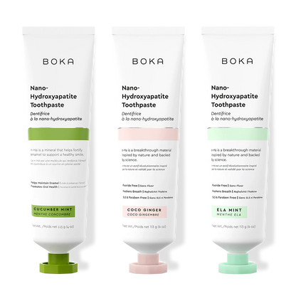 Three tubes of Boka Nano-Hydroxyapatite Toothpaste on a white background