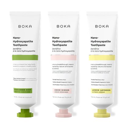 Three bottles of Boka Nano-Hydroxyapatite Toothpaste on a white background