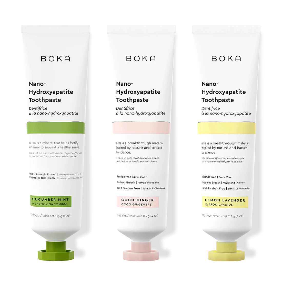 Three bottles of Boka Nano-Hydroxyapatite Toothpaste on a white background