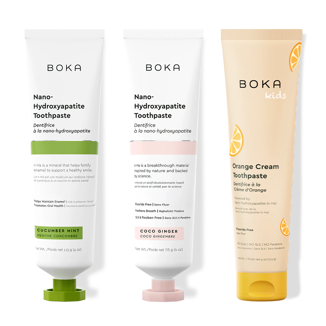 Three bottles of Boka Nano-Hydroxyapatite Toothpaste on a white background