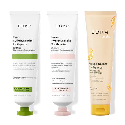Three bottles of Boka Nano-Hydroxyapatite Toothpaste on a white background