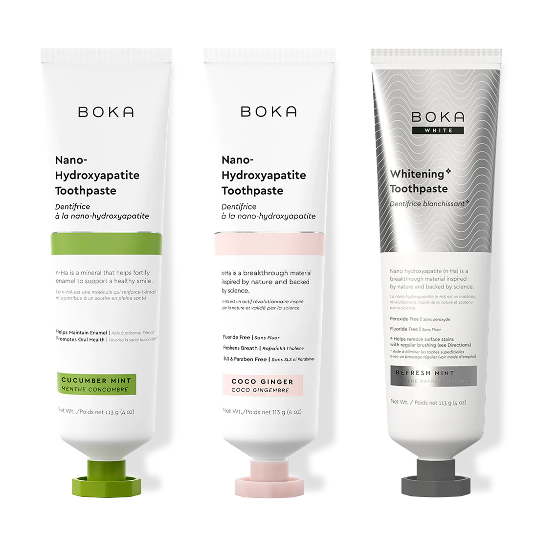Three bottles of Boka Nano-Hydroxyapatite Toothpaste on a white background