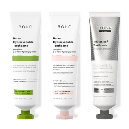 Three bottles of Boka Nano-Hydroxyapatite Toothpaste on a white background