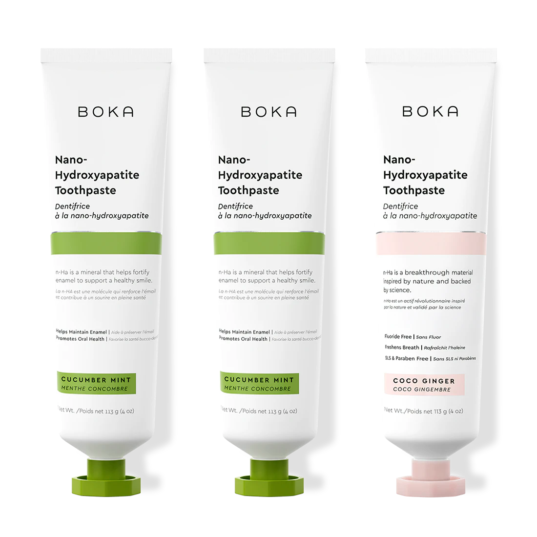 Three bottles of Boka Nano-Hydroxyapatite Toothpaste on a white background