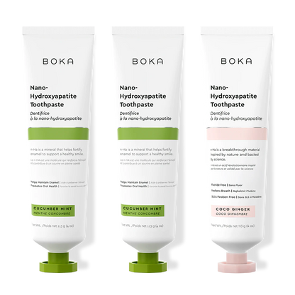 Three bottles of Boka Nano-Hydroxyapatite Toothpaste on a white background