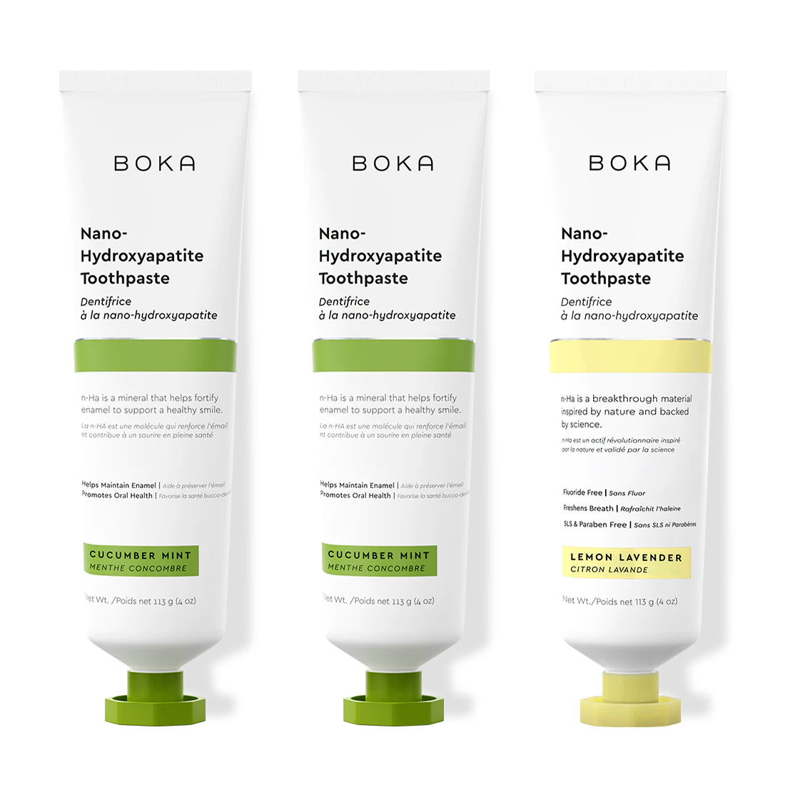 Three bottles of Boka Nano-Hydroxyapatite Toothpaste on a white background