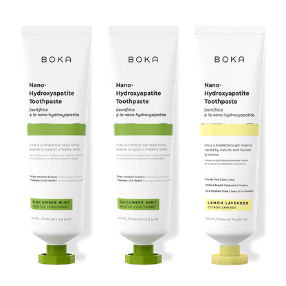 Three bottles of Boka Nano-Hydroxyapatite Toothpaste on a white background
